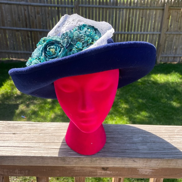 Vintage Street Smart by Betmar Wool Hat with Lace and Flowers Blue - Picture 1 of 7
